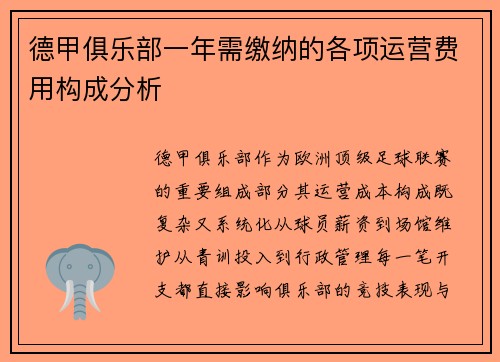 德甲俱乐部一年需缴纳的各项运营费用构成分析