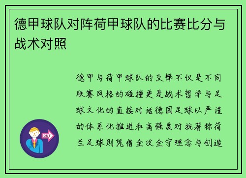 德甲球队对阵荷甲球队的比赛比分与战术对照
